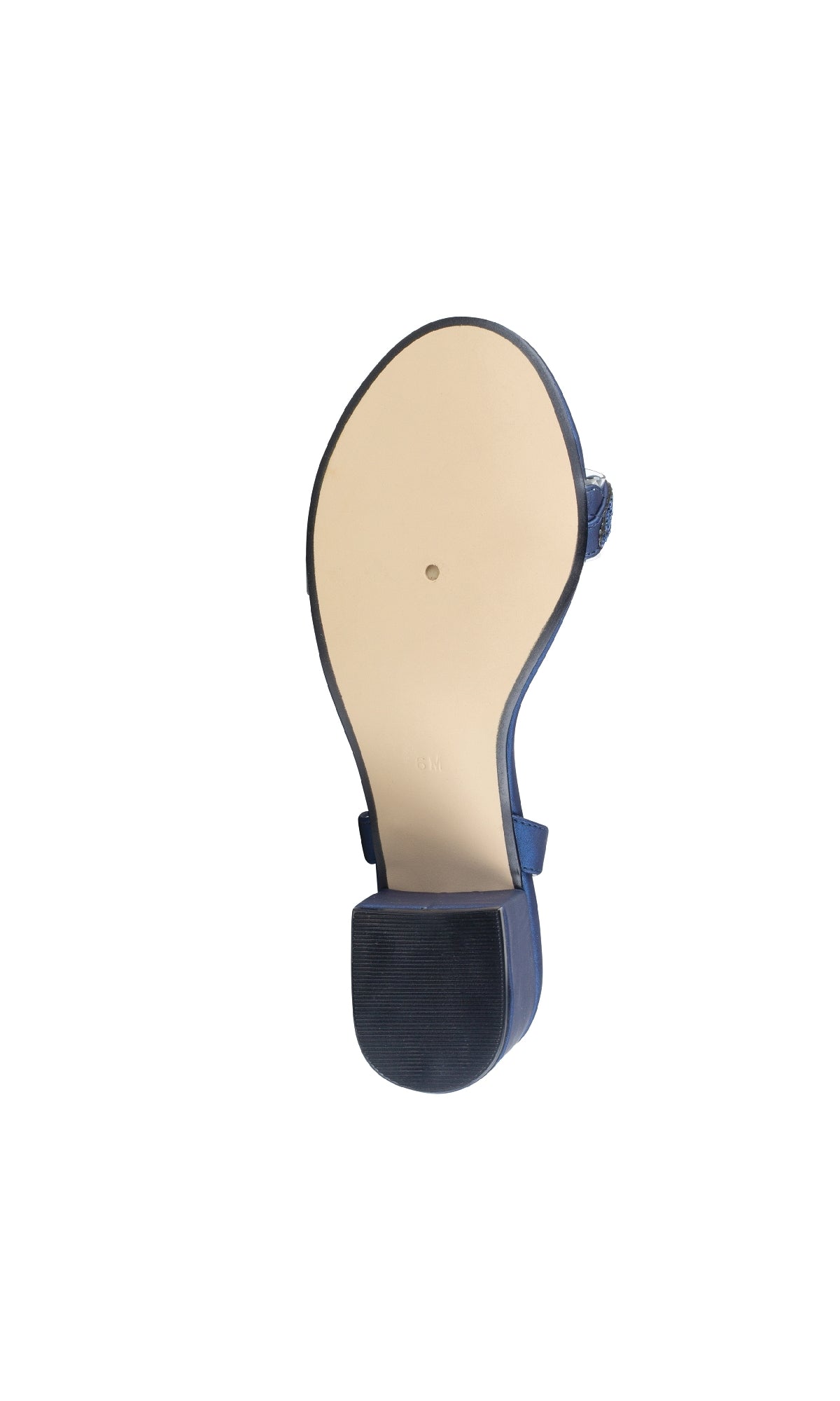 The image displays the bottom view of a Ruby Navy Blue Metallic Prom Shoe (Touch Ups 4592), highlighting its smooth beige sole and dark rubber heel.